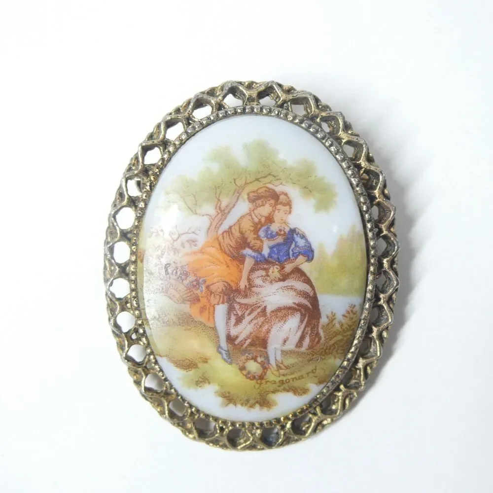 Porcelain Pin w/Brass Filigree Frame Oval Vintage Brooch